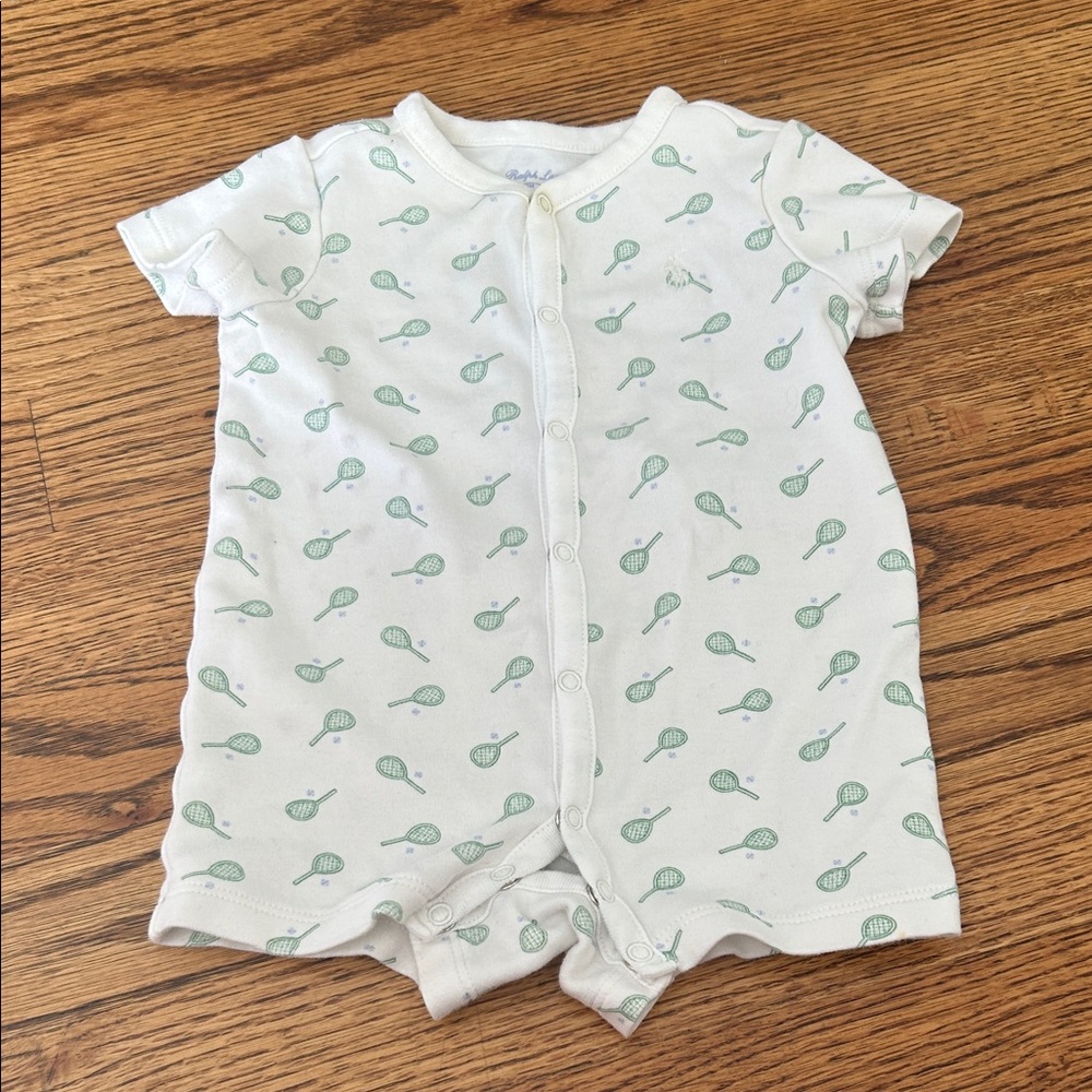 Polo Ralph Lauren Cream Baby Romper with Green Tennis Print